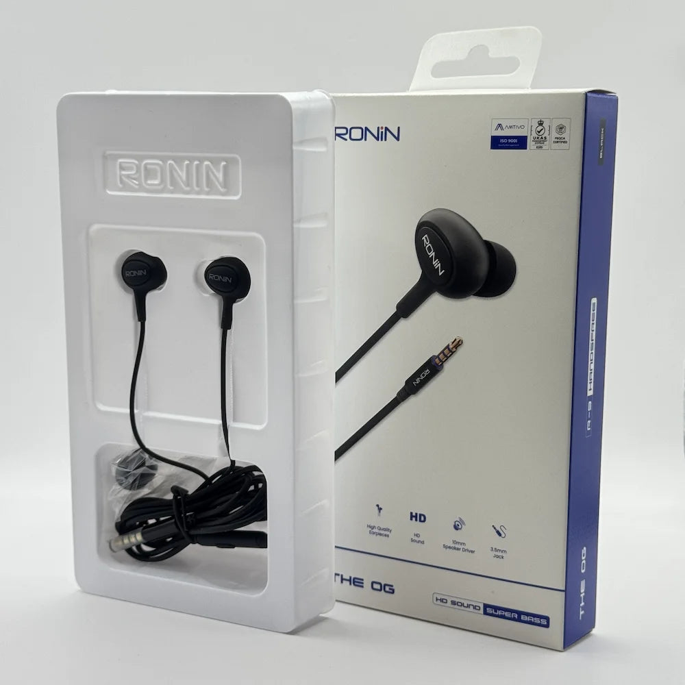 Ronin R-9 black in-ear earphones sitting next to the original retail box