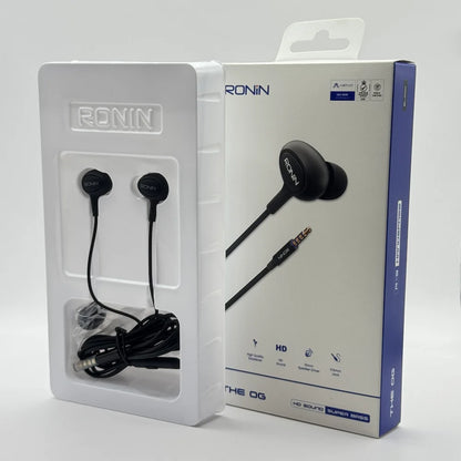 Ronin R-9 black in-ear earphones sitting next to the original retail box