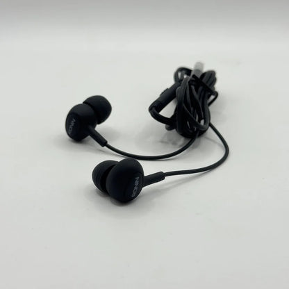 Perspective view of Ronin R-9 black 3.5mm wired earphones and coiled cord