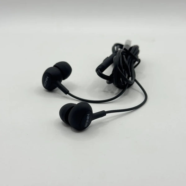 Perspective view of Ronin R-9 black 3.5mm wired earphones and coiled cord