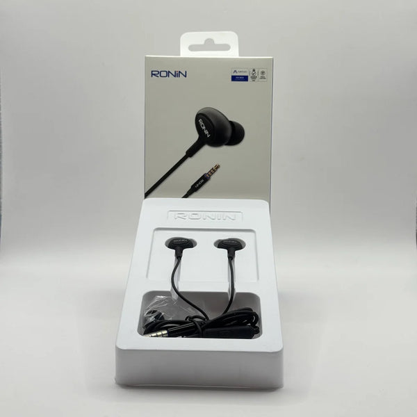 Ronin R-9 The OG black handsfree earphones in white plastic tray in front of box