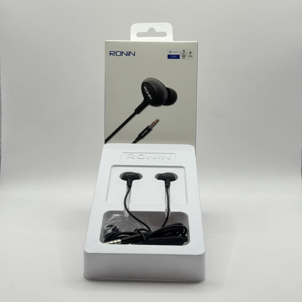 Ronin R-9 The OG black handsfree earphones in white plastic tray in front of box