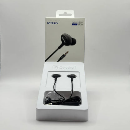 Ronin R-9 The OG black handsfree earphones in white plastic tray in front of box