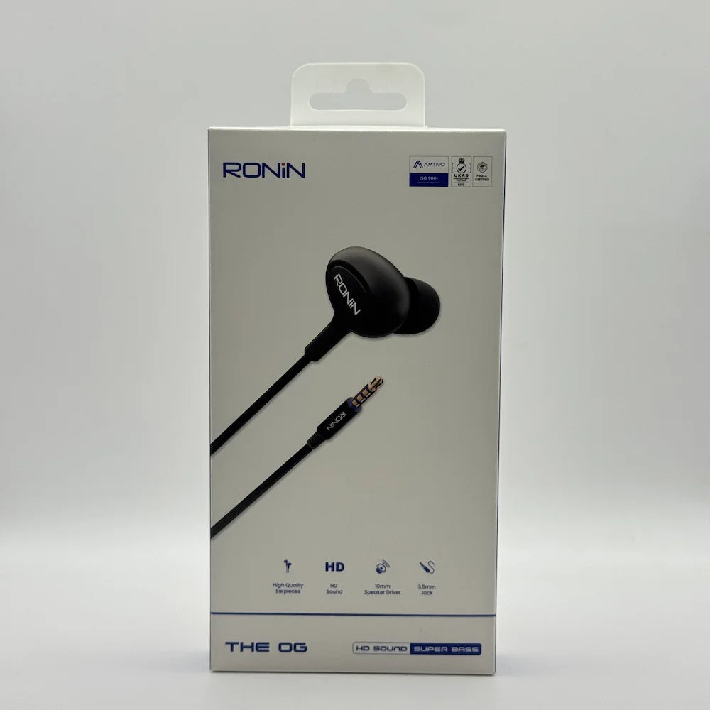 Front retail packaging box view of Ronin R-9 The OG black wired earphones with 10mm speaker drivers