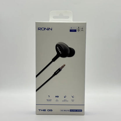 Front retail packaging box view of Ronin R-9 The OG black wired earphones with 10mm speaker drivers