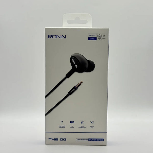 Front retail packaging box view of Ronin R-9 The OG black wired earphones with 10mm speaker drivers