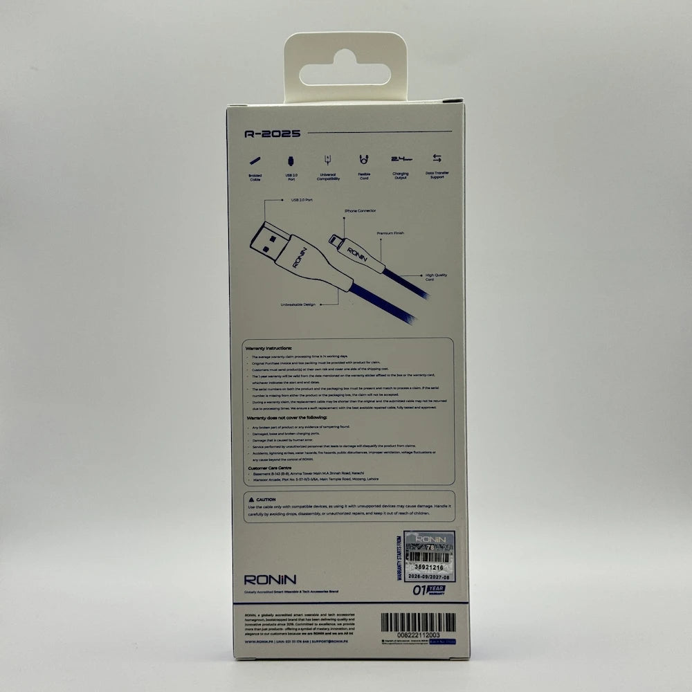 Ronin R-2025 Flexin Lightning cable back packaging specifications and warranty sticker