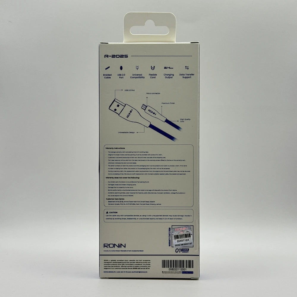 Ronin R-2025 Flexin micro USB charging cable back packaging specs and warranty seal