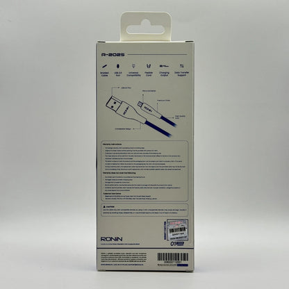 Ronin R-2025 Flexin micro USB charging cable back packaging specs and warranty seal