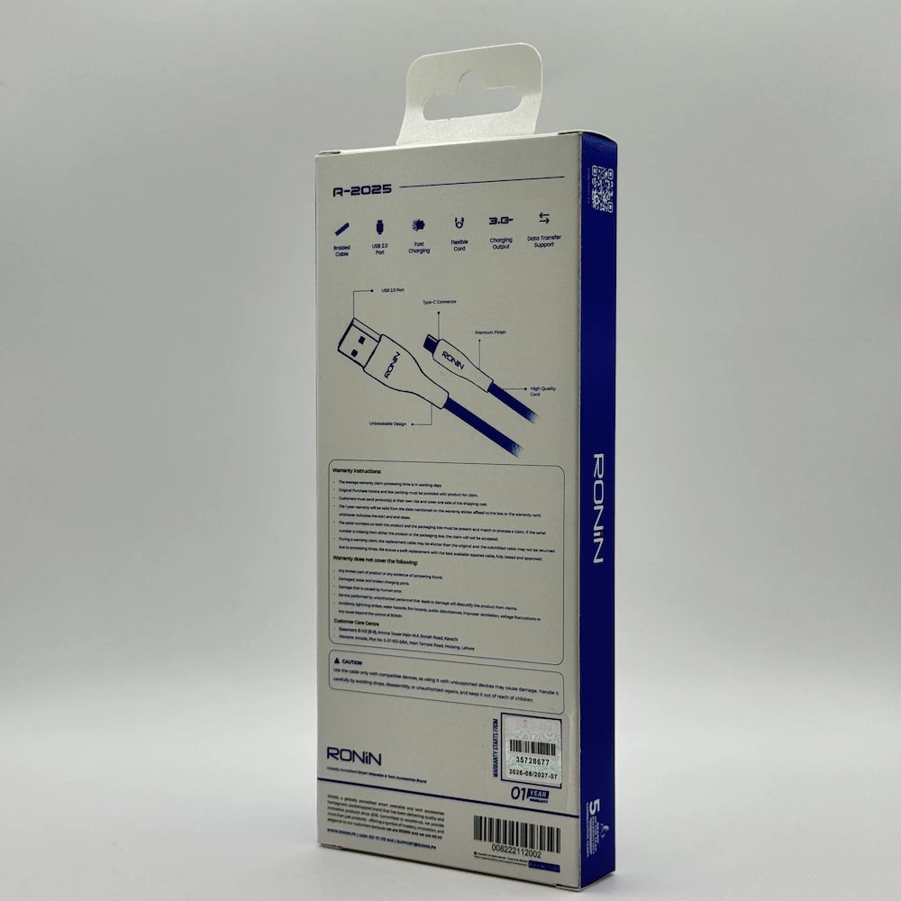 Ronin R-2025 Flexin Type-C cable side box view showing branding