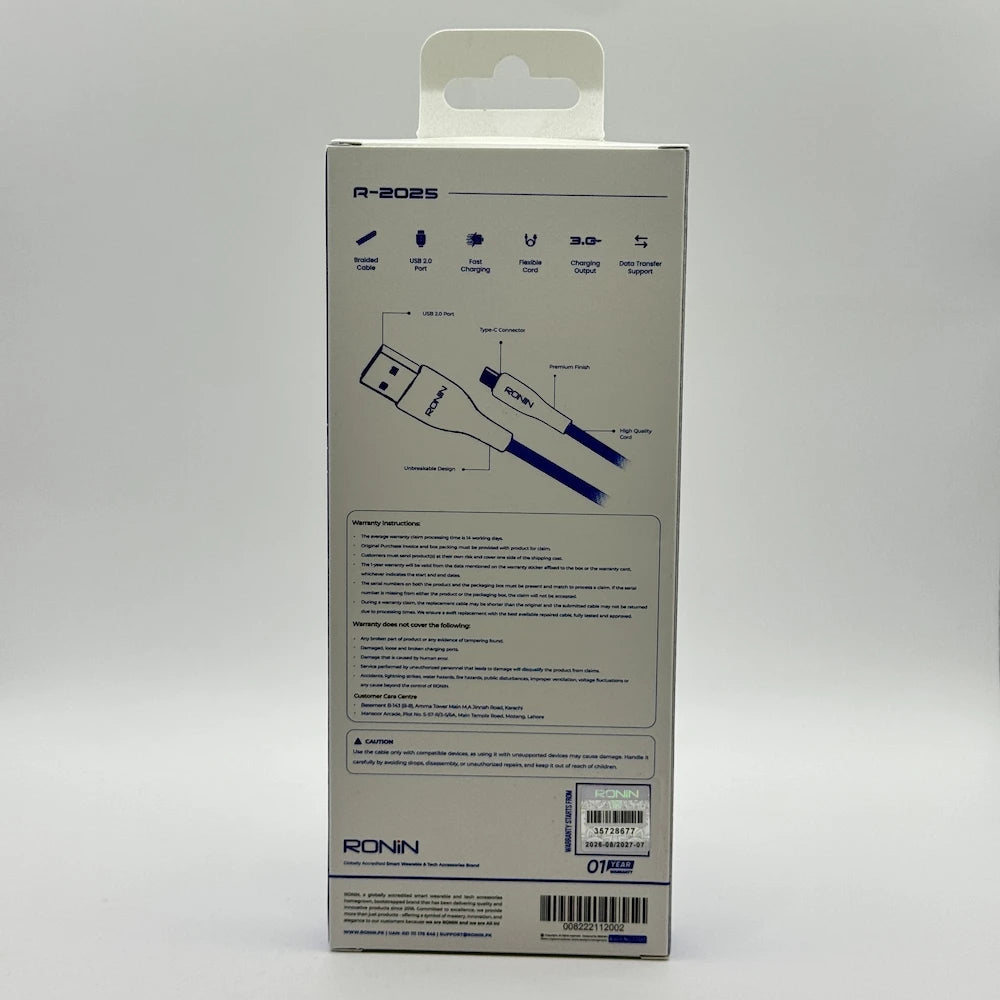 Ronin R-2025 Flexin Type-C cable back packaging specifications and warranty sticker