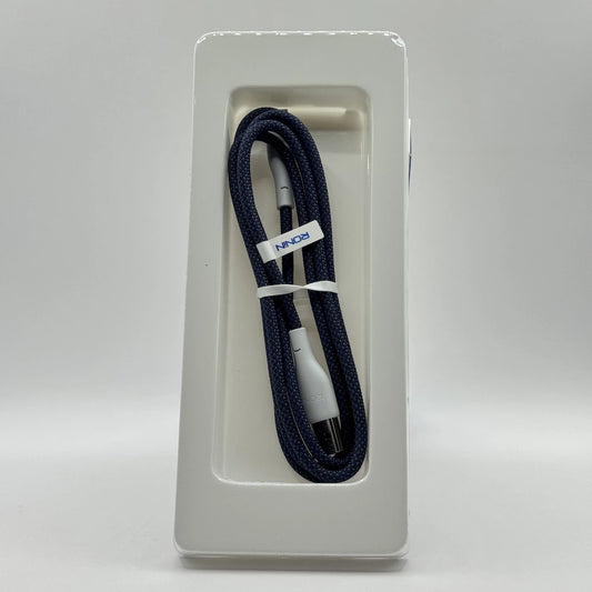Dark blue braided Ronin R-2025 micro USB cable in inner packaging tray