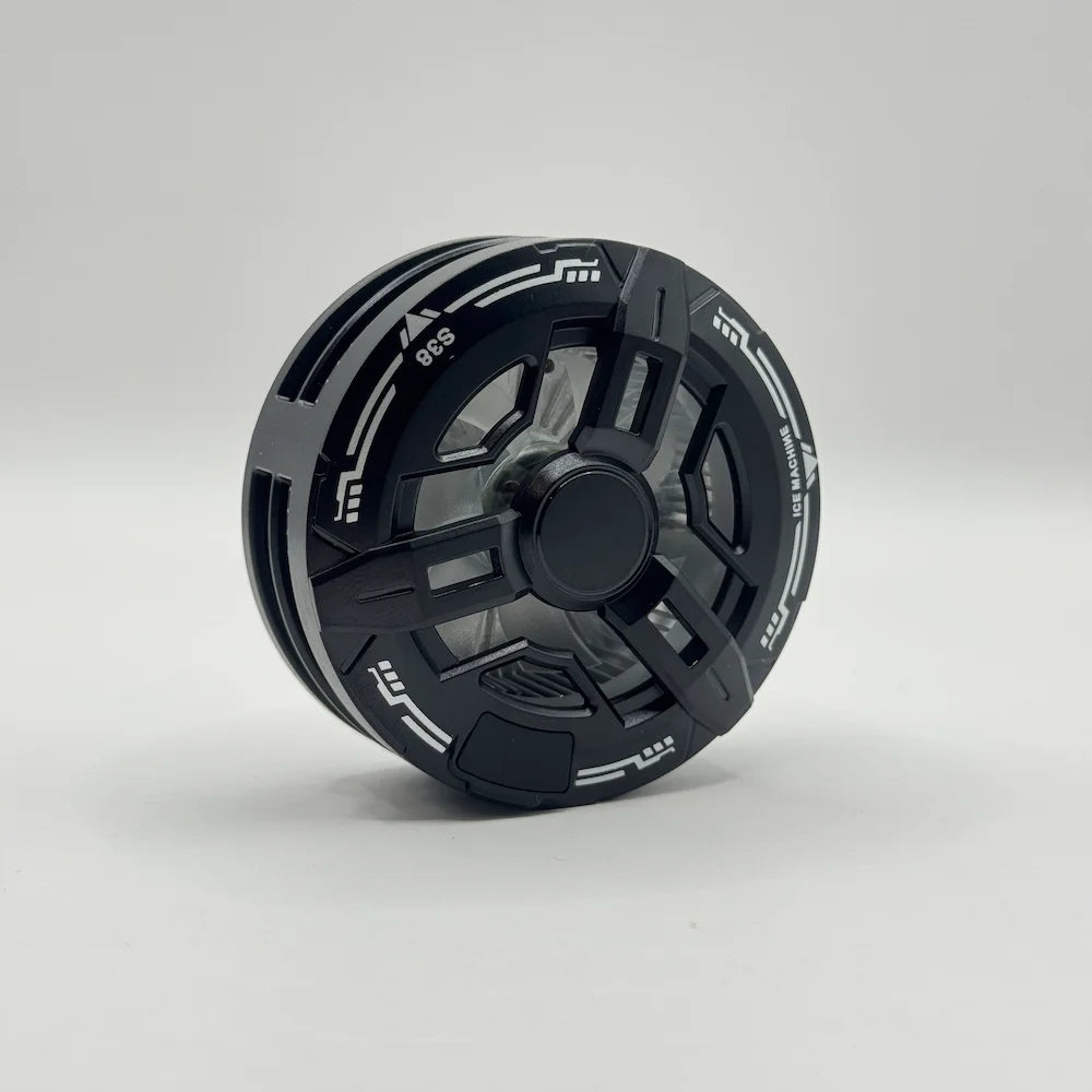 Direct front view of black S38 phone radiator showing futuristic turbine fan grille design and ice machine branding