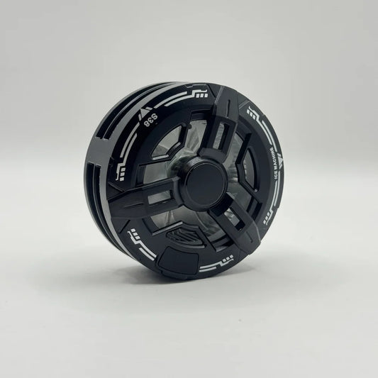 Direct front view of black S38 phone radiator showing futuristic turbine fan grille design and ice machine branding