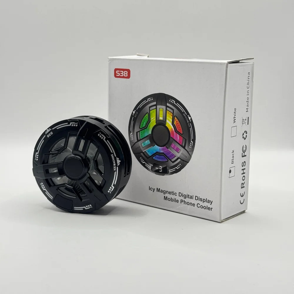 Black S38 Icy Magnetic Digital Display phone cooler positioned next to retail box displaying feature icons