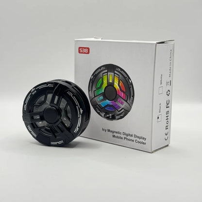 Black S38 Icy Magnetic Digital Display phone cooler positioned next to retail box displaying feature icons