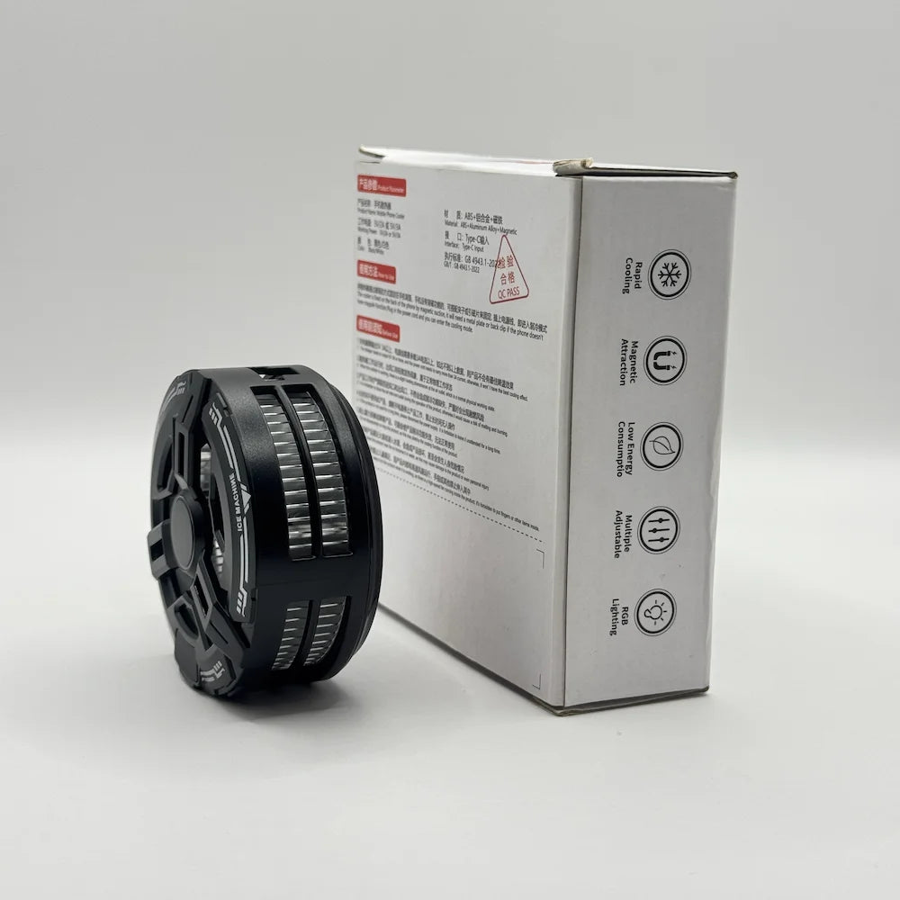 Side profile of black S38 mobile phone radiator next to box highlighting rapid cooling and magnetic attraction
