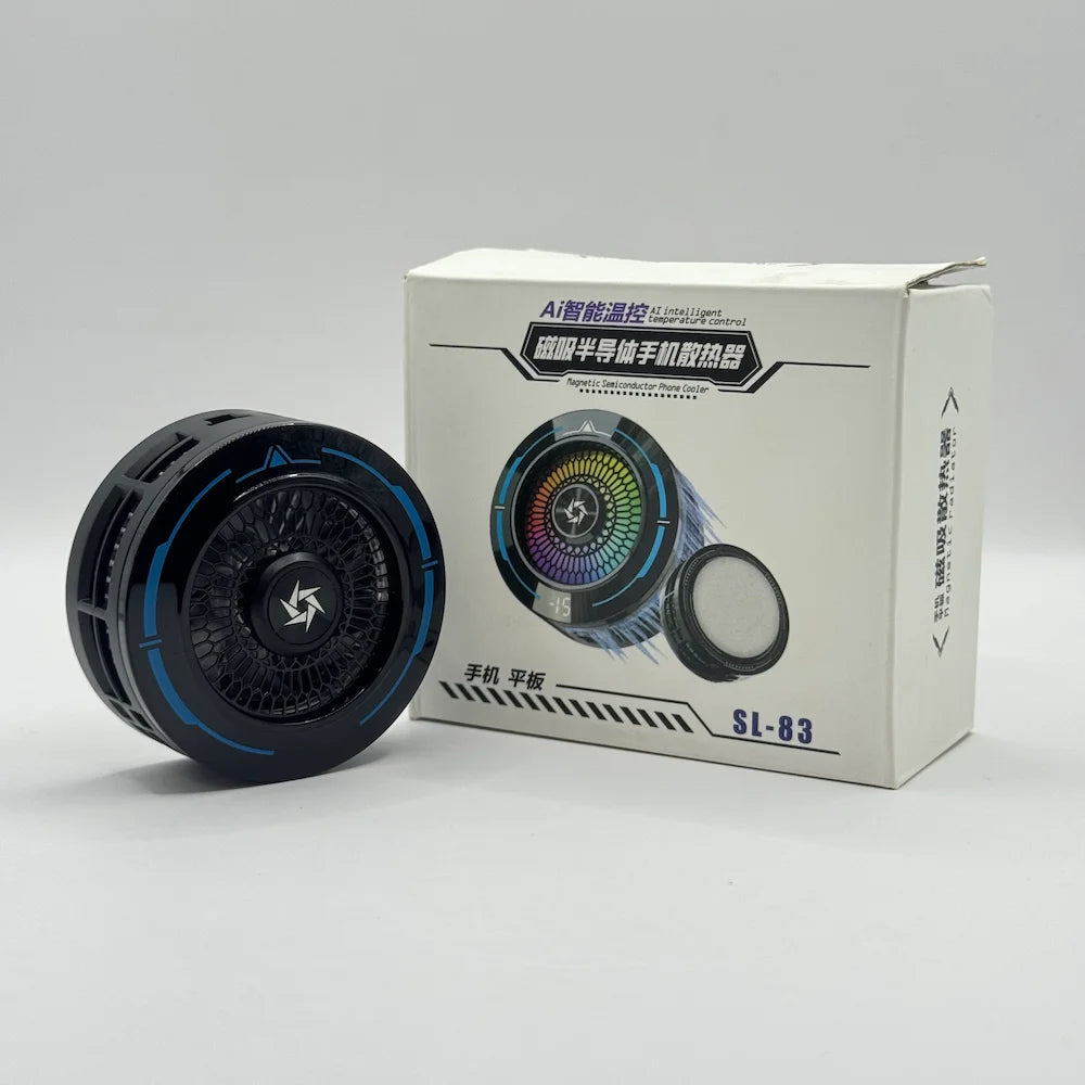 Front perspective view of black SL-83 AI intelligent magnetic phone cooler beside retail packaging box