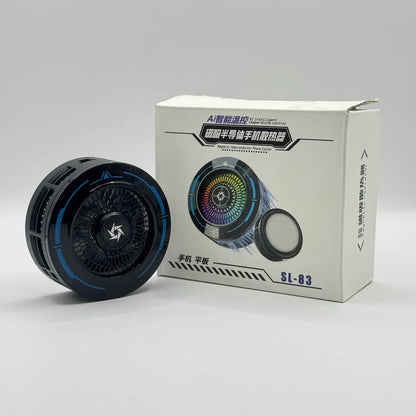 Front perspective view of black SL-83 AI intelligent magnetic phone cooler beside retail packaging box