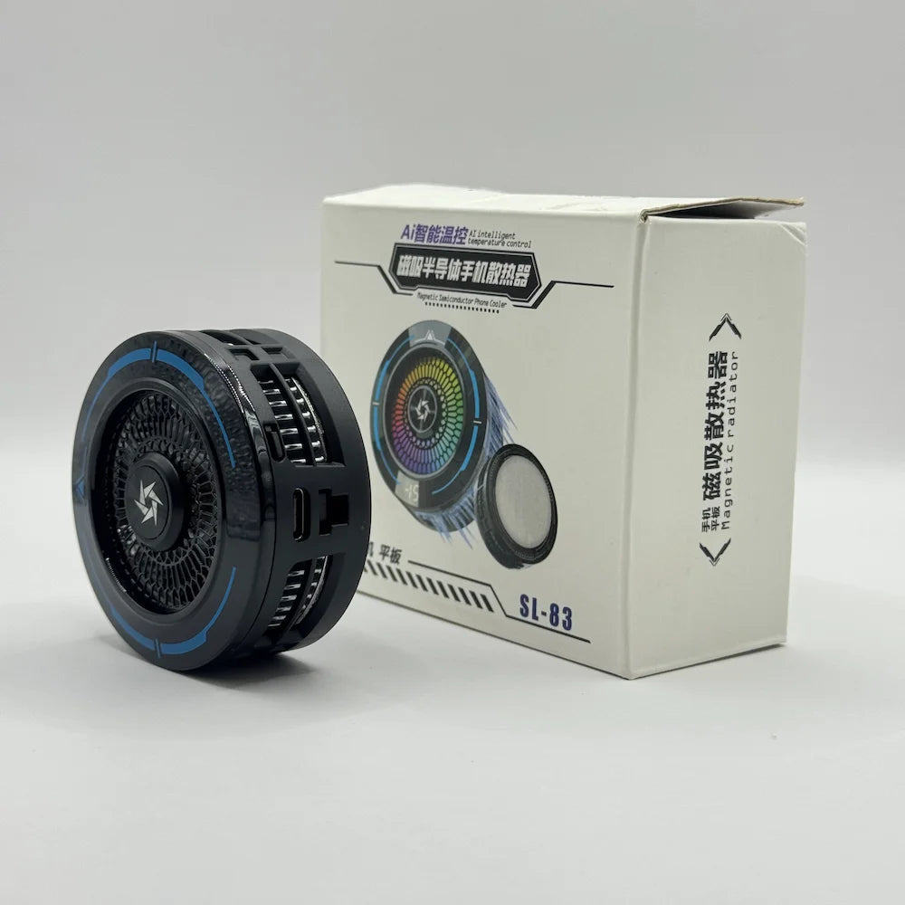 Angled view of black SL-83 magnetic phone radiator showing Type-C power port alongside retail product box