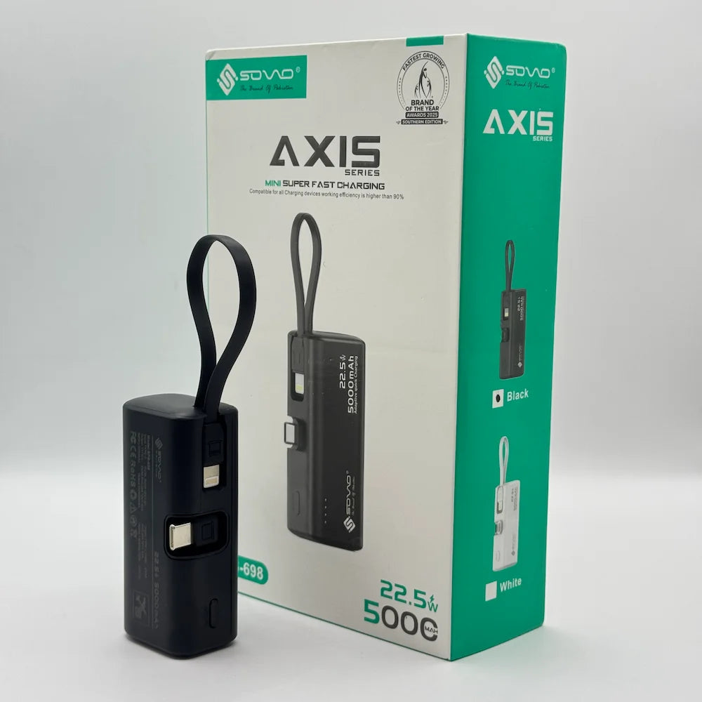 SOVO AXIS Series SPB-698 black mini power bank with 22.5W 5000mAh printing beside green retail packaging box