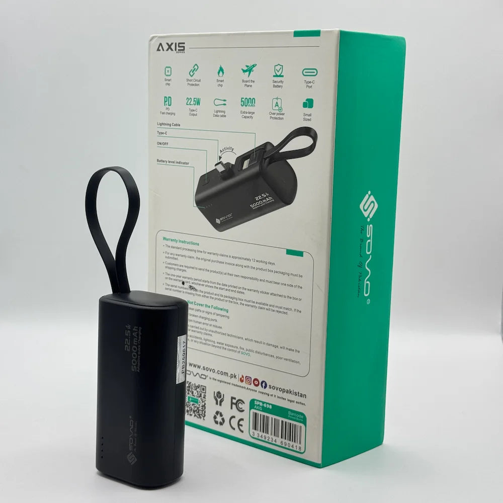 Back side of SOVO AXIS SPB-698 power bank box showing warranty details and technical specification icons