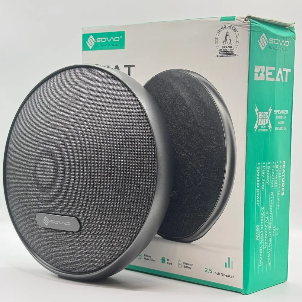 SOVO BEAT SBS-505 2000mAh wireless speaker placed in front of packaging box showing features