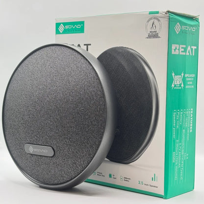 SOVO BEAT SBS-505 2000mAh wireless speaker placed in front of packaging box showing features