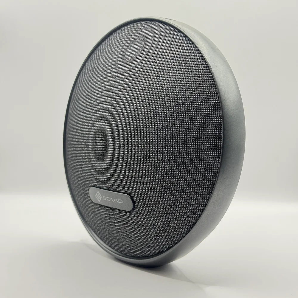 Standing angle view of SOVO BEAT SBS-505 circular fabric desktop speaker