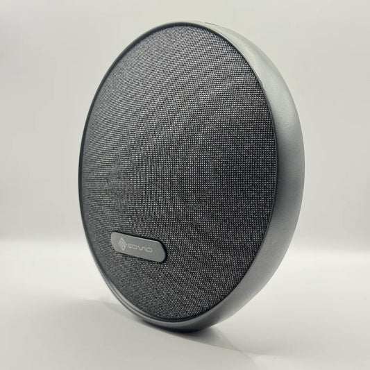 Standing angle view of SOVO BEAT SBS-505 circular fabric desktop speaker