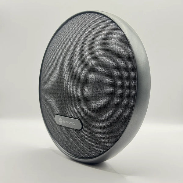 Standing angle view of SOVO BEAT SBS-505 circular fabric desktop speaker