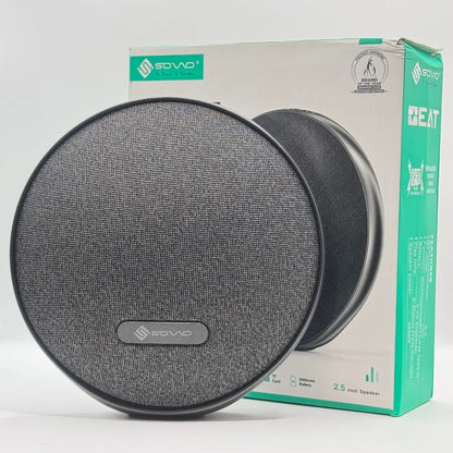 SOVO BEAT SBS-505 round portable wireless speaker with grey fabric mesh front and retail box