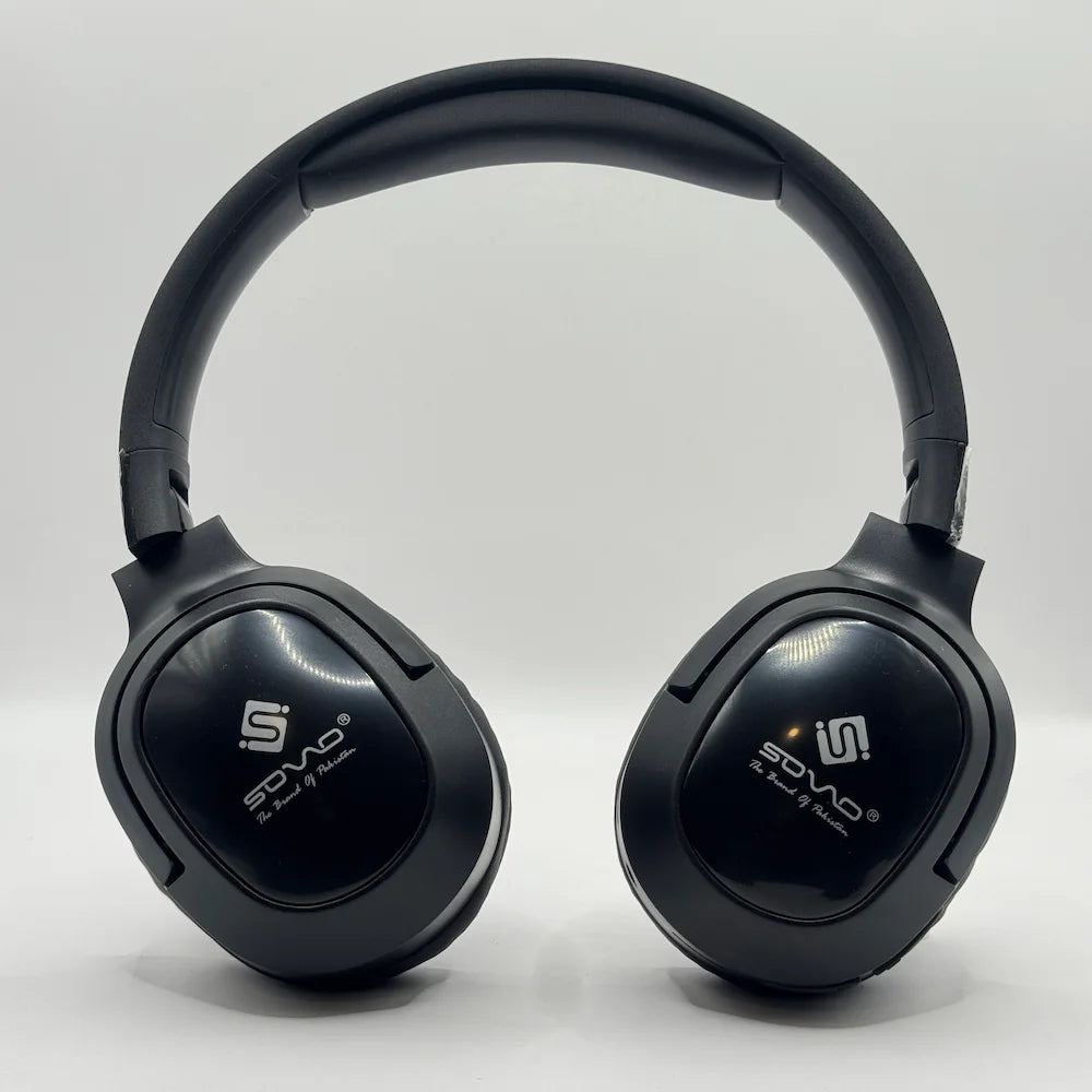 Front view of SOVO Crazy Bass SHP-550 black over-ear headphones with glossy ear cup finish