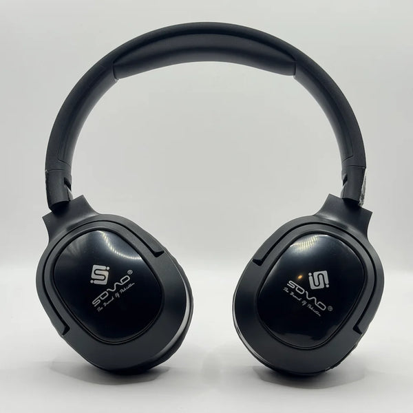 Front view of SOVO Crazy Bass SHP-550 black over-ear headphones with glossy ear cup finish