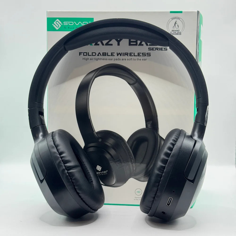 Front view of SOVO Crazy Bass SHP-550 bluetooth headphones showing Type-C charging port and 3.5mm AUX jack