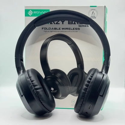 Front view of SOVO Crazy Bass SHP-550 bluetooth headphones showing Type-C charging port and 3.5mm AUX jack