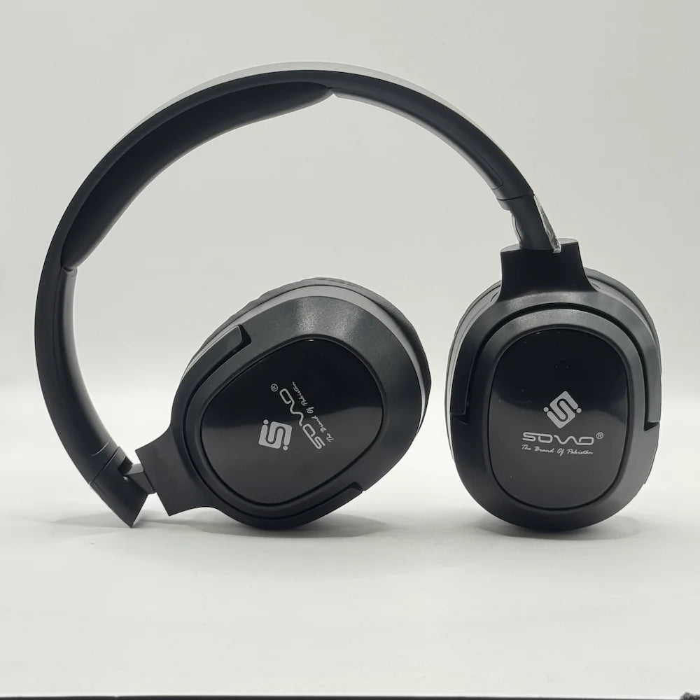 SOVO Crazy Bass SHP-550 headphones laid flat showing 90 degree swivel earcups and brand logo