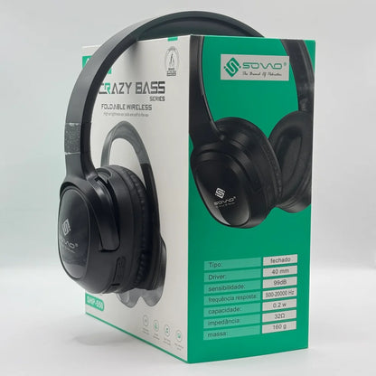SOVO Crazy Bass SHP-550 black foldable wireless headphones with specifications listed on retail box