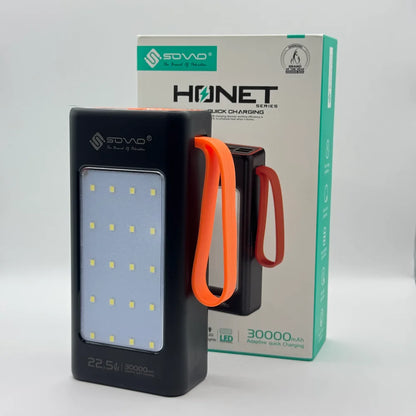 SOVO HONET Series SPB-677 30000mAh power bank with front LED light panel standing next to retail box
