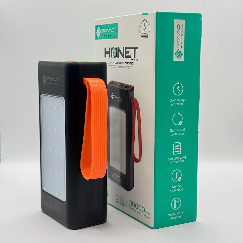 SOVO HONET SPB-677 power bank showing retail packaging highlights including overvoltage and short circuit protection