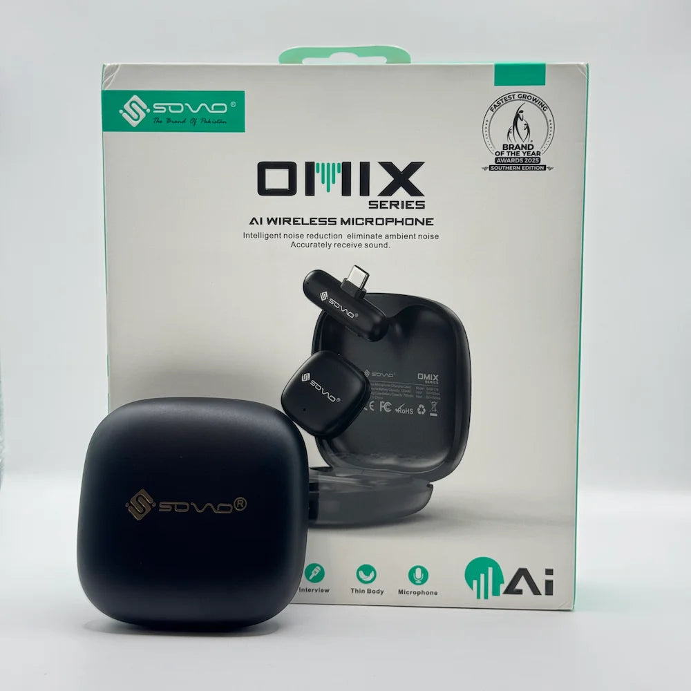 SOVO OMIX SWM-578 AI Wireless Microphone charging case in front of product packaging box