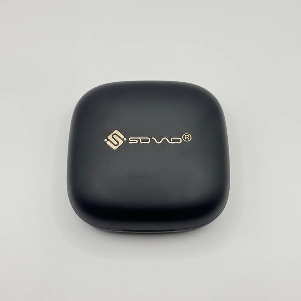 Top view of SOVO OMIX SWM-578 matte black charging case with metallic gold logo