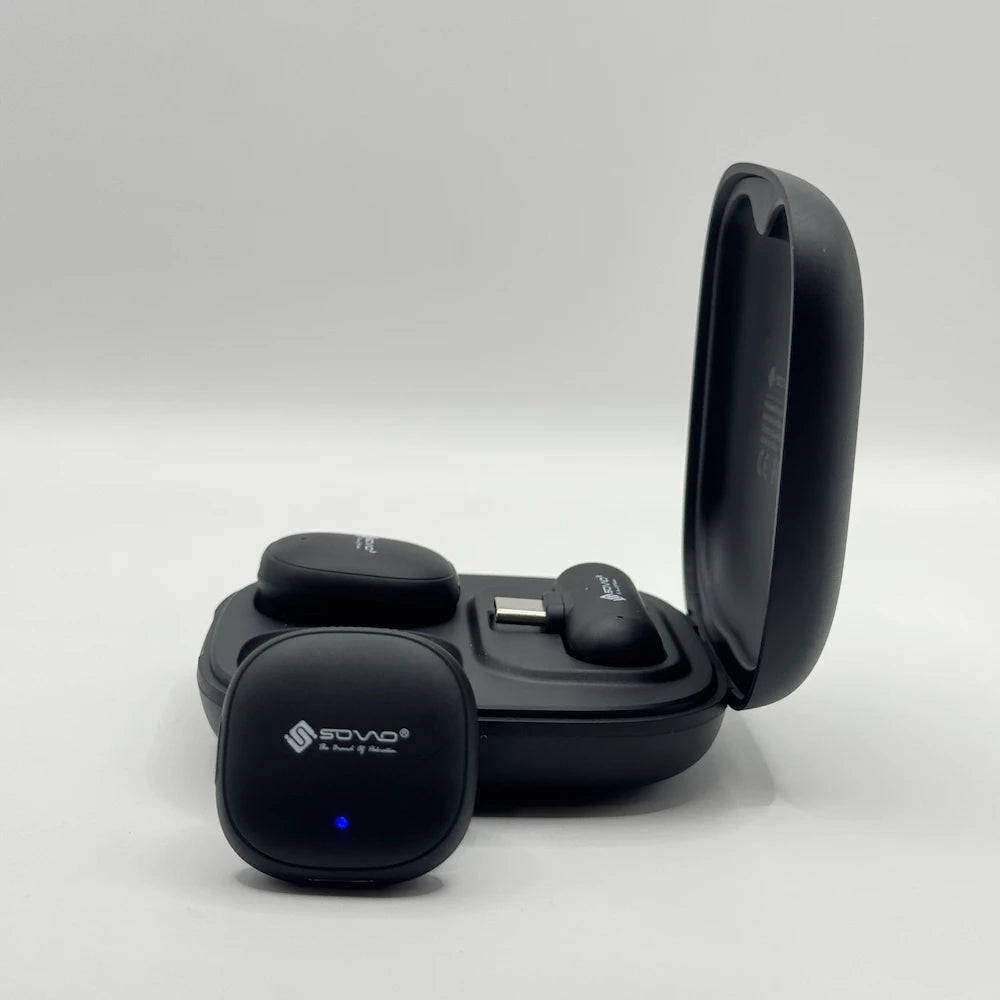 SOVO OMIX wireless clip-on microphone transmitter with blue LED indicator light