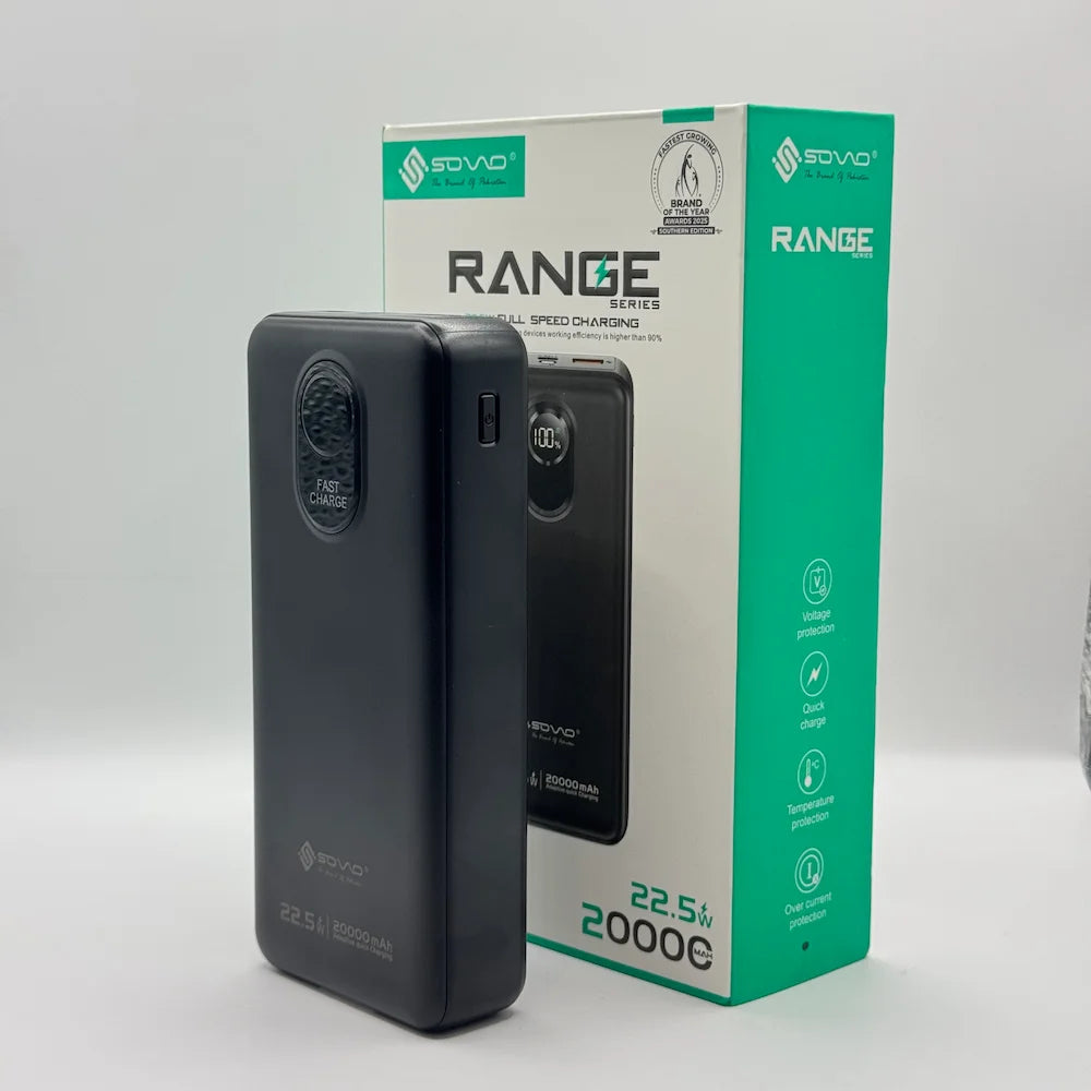 SOVO RANGE Series SPB-620 20000mAh matte black power bank standing next to retail box