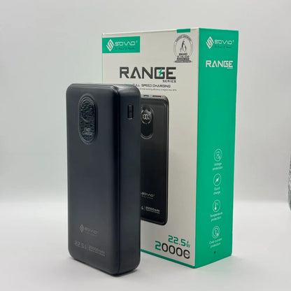 SOVO RANGE Series SPB-620 20000mAh matte black power bank standing next to retail box