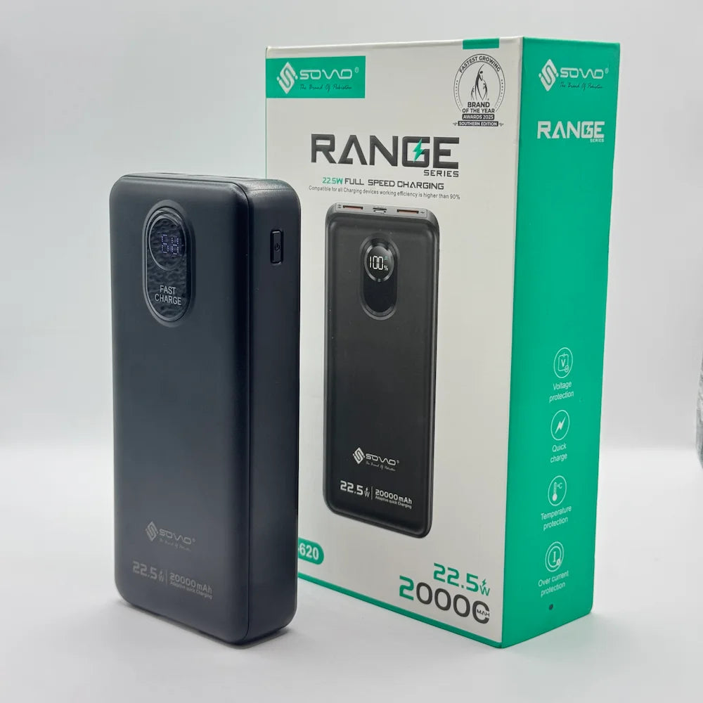 SOVO RANGE SPB-620 power bank with active circular LED digital battery percentage screen illuminated