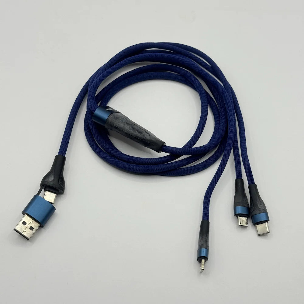 Top down view of coiled blue SOVO SC-117 65W fast charging multi-connector cable
