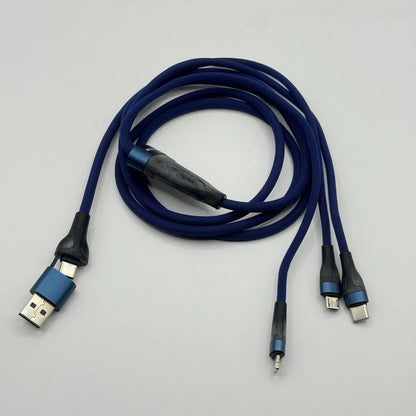 Top down view of coiled blue SOVO SC-117 65W fast charging multi-connector cable