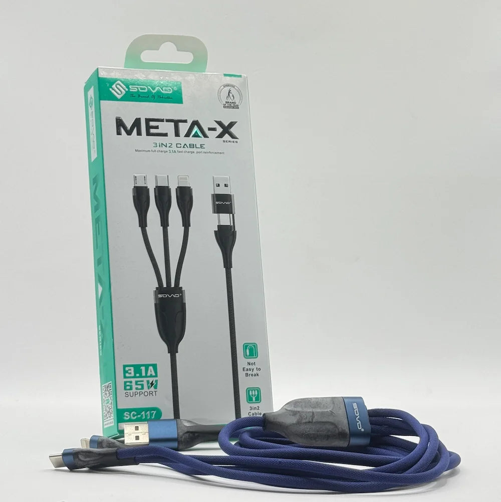 Blue SOVO SC-117 3 in 2 fast charging braided cable next to its packaging box
