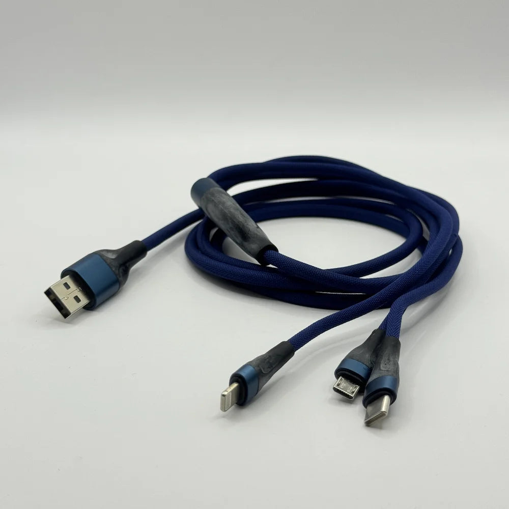SOVO SC-117 blue braided cable showing dual USB Type-C input and triple output ends